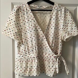 Madewell Off White Wrap Top with Red and Brown and Mustard Dot Motif